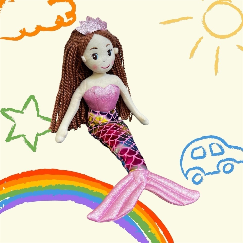 Linzy Mermaid Softbody Doll with Metallic Rainbow Tail and long Yarn Hair 16”